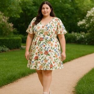 Tash + Sophie 18W White Floral‎ Chiffon Overlay Dress Flutter Sleeves VNeck